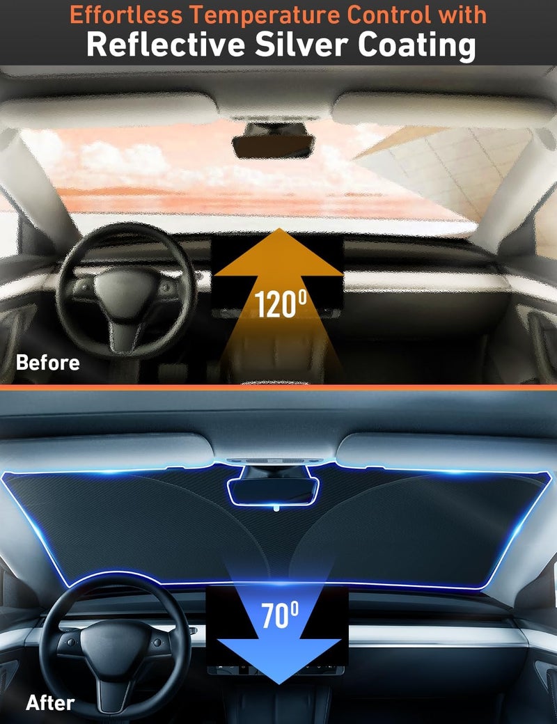 EcoNour Windshield Sunshade for Car | 240T Polyester Shield for Tesla Model 3 Sunshade | Superior UV & Heat Protection Model Y Sunshade | Car Interior Accessories for Summer - Image 4