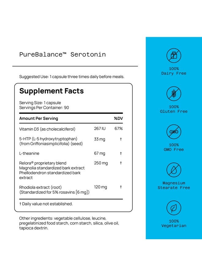 Quality of Life جودة الحياة توازن نقي سيروتونين بريميوم - يساعد في تعزيز مستويات السيروتونين والكورتيزول - يتضمن 5-HTP، فينيترون، سينسوريل، فيتامين D3 و L-ثيانين - 90 كبسولة - Image 2