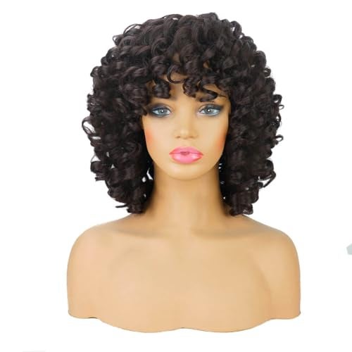 AIDUSA Big Curly Wigs for Black Women Synthetic Loose Curly Wigs with Bangs 14 Inch Dark Brown Short Wigs Natural Wigs for Women 4 Dark Brown - Image 3