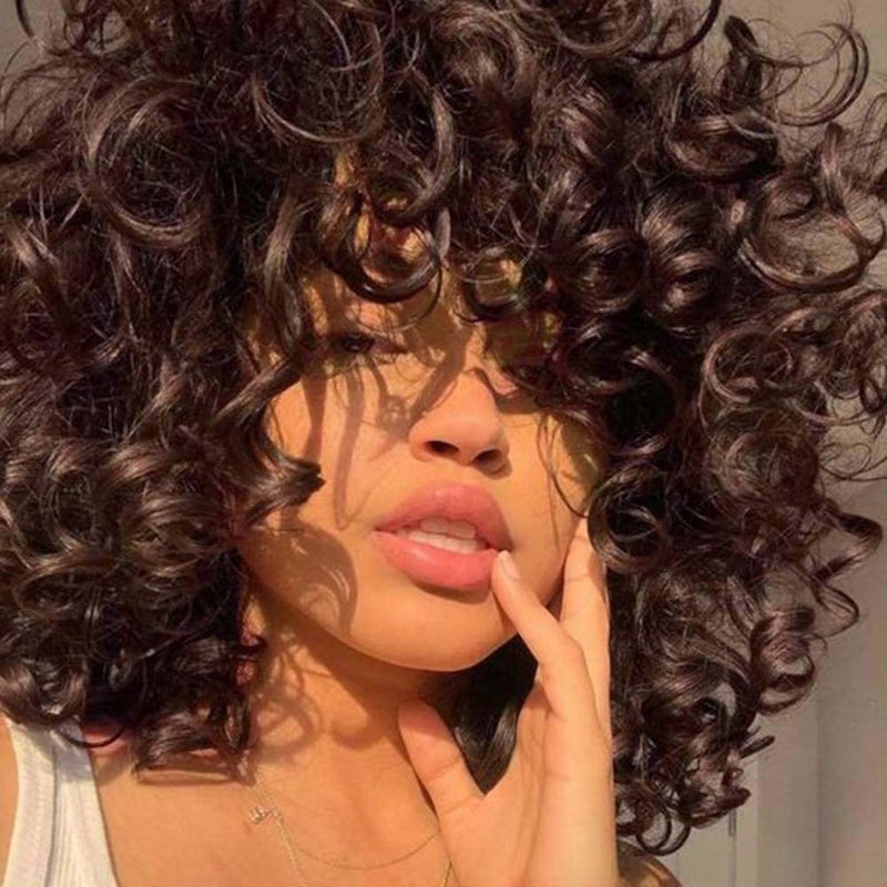 AIDUSA Big Curly Wigs for Black Women Synthetic Loose Curly Wigs with Bangs 14 Inch Dark Brown Short Wigs Natural Wigs for Women 4 Dark Brown - Image 2