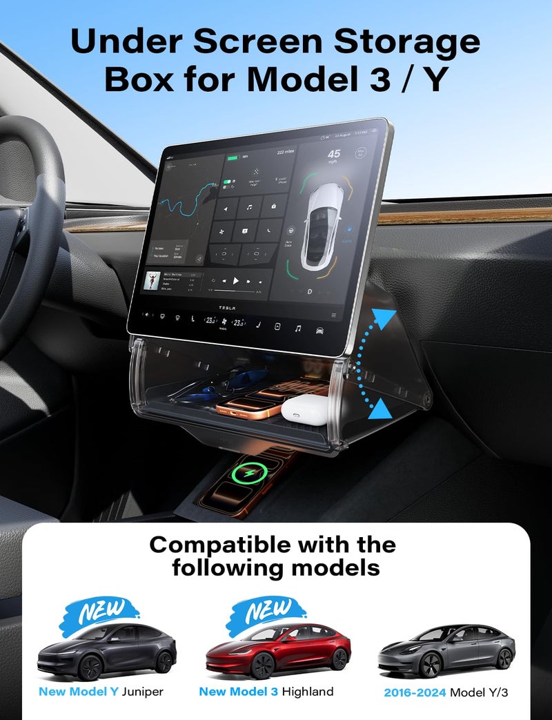 TAZENI Under Screen Storage Box Fit Model Y Juniper Model 3 Highland, Hiddenable Privacy Storage for Model Y 3 Accessories, Center Console Organizer for Model Y 2019~2026 & Model 3 2016-2026 - Image 2