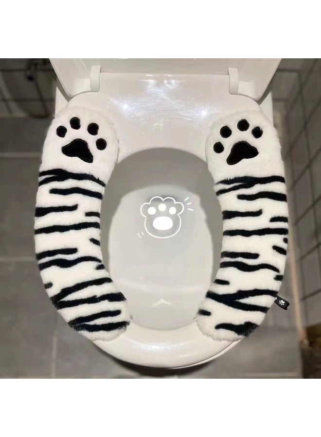 غطاء مقعد المرحاض برسومات كرتونية لطيفة، لاصق، مناسب للاستخدام المنزلي في فصلي الخريف والشتاء، غطاء مقعد المرحاض سميك مخطط - Image 1