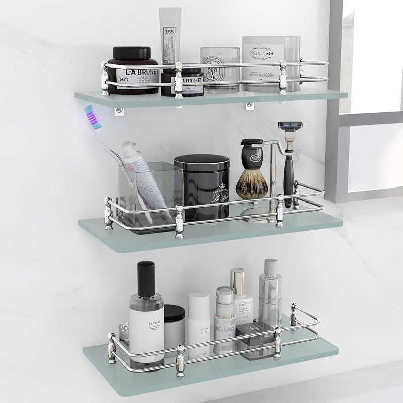 Fortune Multi-Purpose Wall Hung (Frosted) Glass Front Bathroom Shelf with Wall Brackets, Storage Holder, 12 x 6 Inch - (Pack of 3) - Image 3