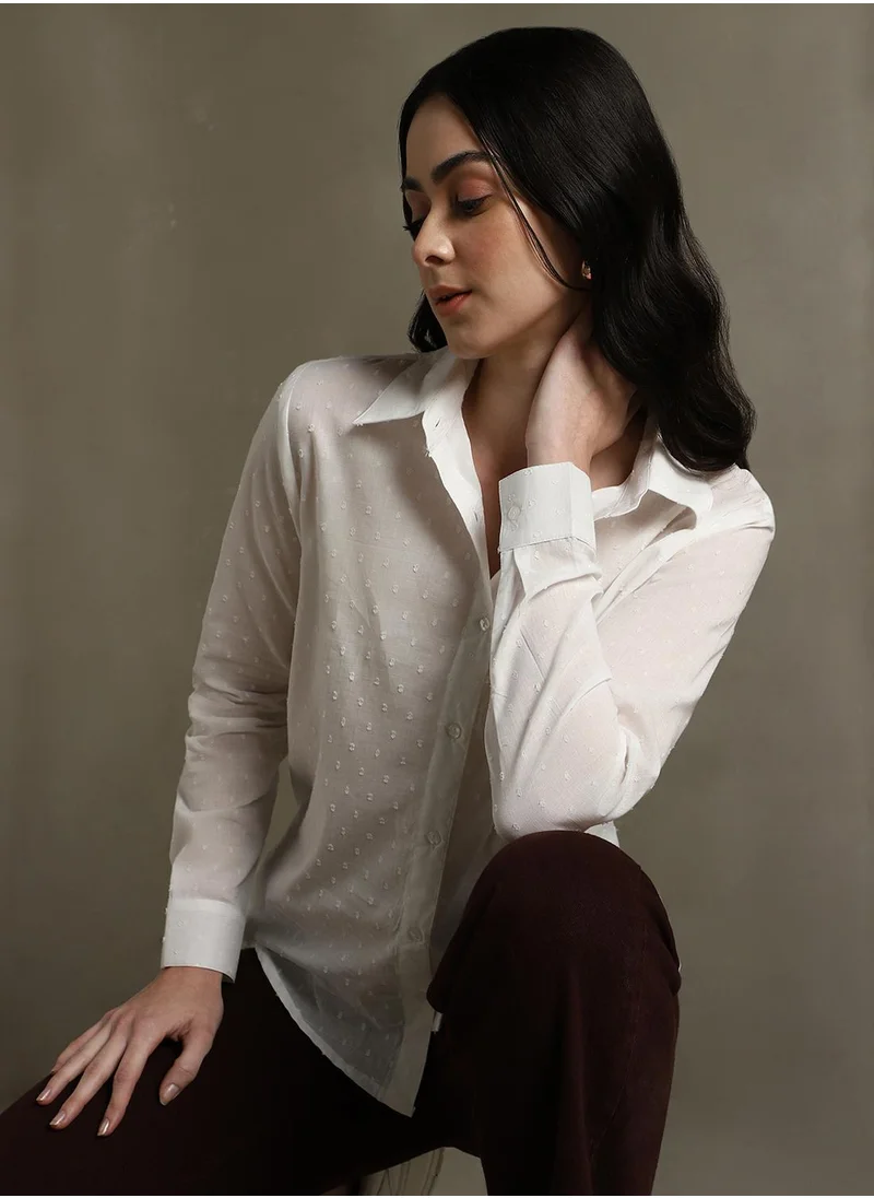 Dennis Lingo Women's White 100% Cotton Solid Textured Regular Fit Shirt