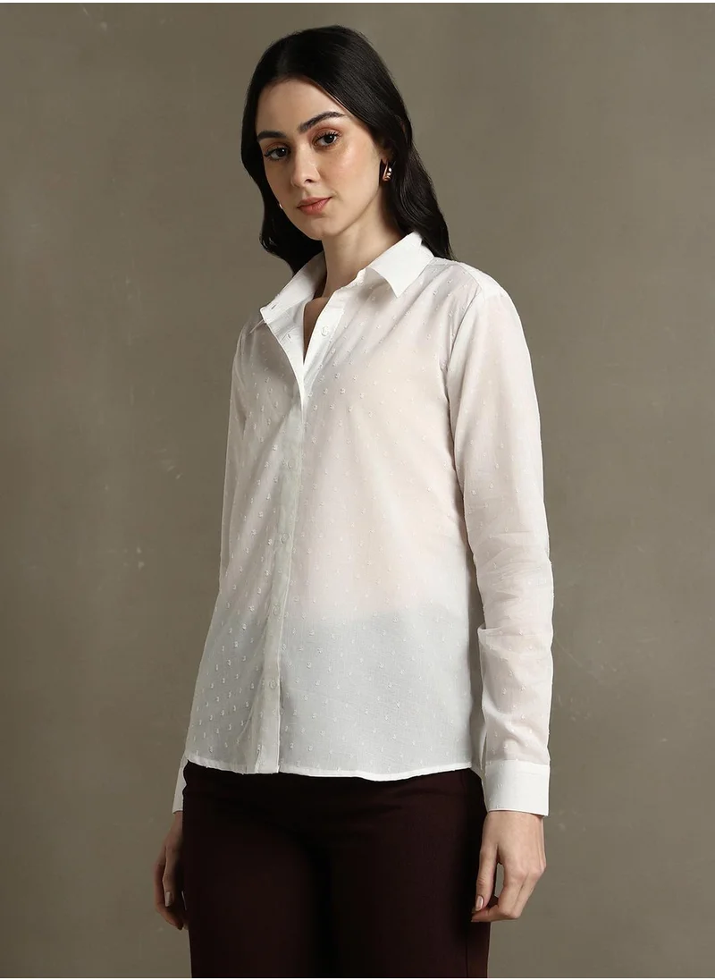 Dennis Lingo Women's White 100% Cotton Solid Textured Regular Fit Shirt