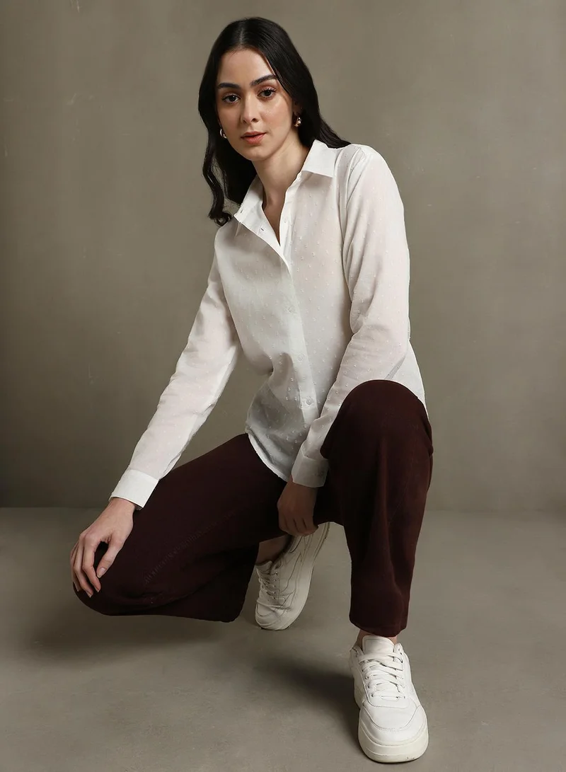 Dennis Lingo Women's White 100% Cotton Solid Textured Regular Fit Shirt