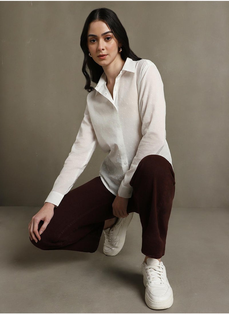 Dennis Lingo Women's White 100% Cotton Solid Textured Regular Fit Shirt  - Image 5