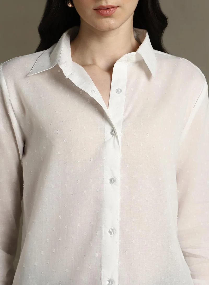 Dennis Lingo Women's White 100% Cotton Solid Textured Regular Fit Shirt
