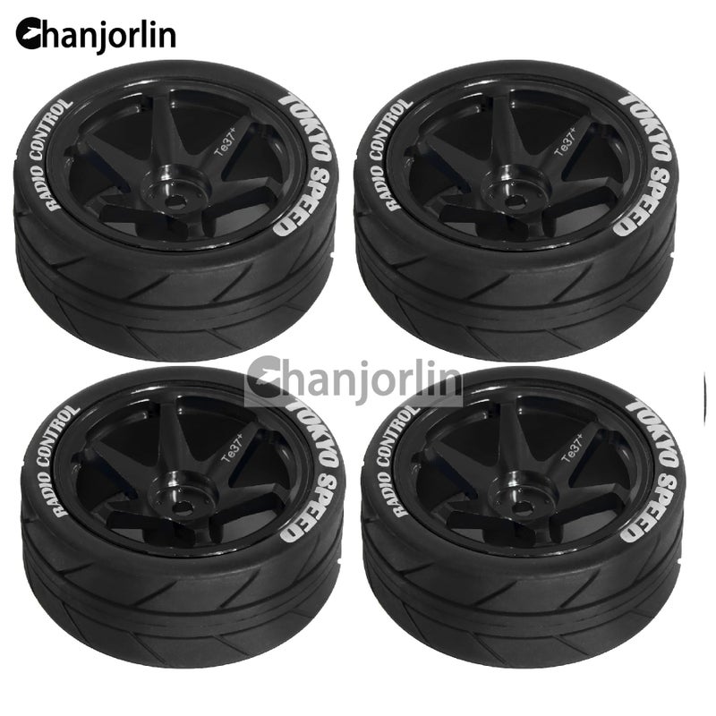 Chanjorlin 1/10 On Road Tires and Aluminum Wheels 12mm Hex RC Rally Racing Tyres OD 2.56" for Tamiya TT01 TT02 XV01 TA06 A959 PTG2 HPI KYOSHO PTG2 Traxxas 1:10 Street Touring Drift Car 4PCS (Black) - Image 4