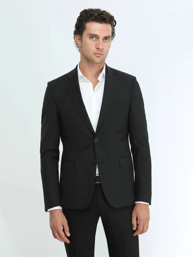 Kip Black Plain Modern Fit Wool Blended Suit