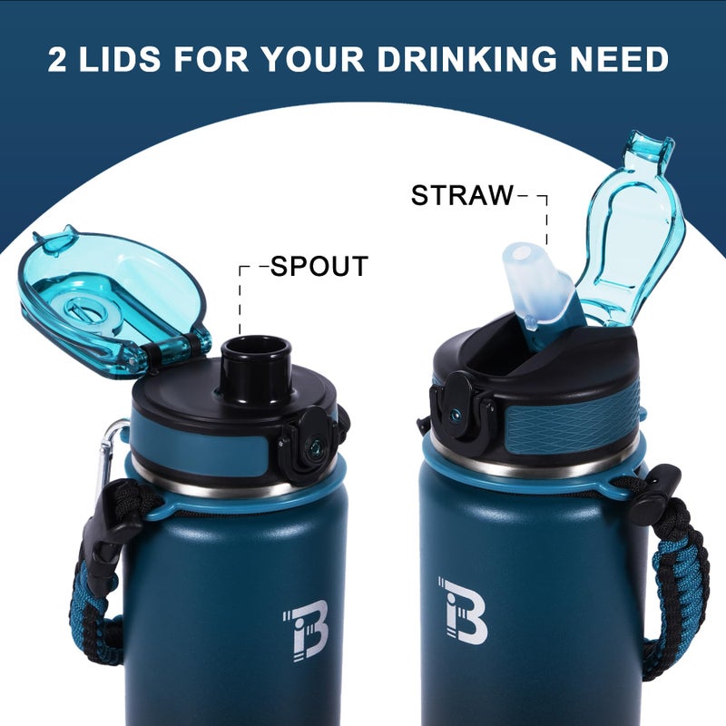 TOPBADE 32oz Water Bottle Stainless Steel with Straw, Insulated Water Bottle with Paracord Handle & Spout Lids, Double Wall Sweat-Proof BPA-Free Metal Insulated Flask BLUE BLACK - Image 3