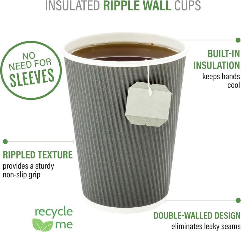 Restaurantware 500-CT Disposable Gray 8-OZ Hot Beverage Cups with Ripple Wall Design: No Need for Sleeves - Perfect for Cafes - Eco-Friendly Recyclable Paper - Insulated - Wholesale Takeout Coffee Cup - Image 4