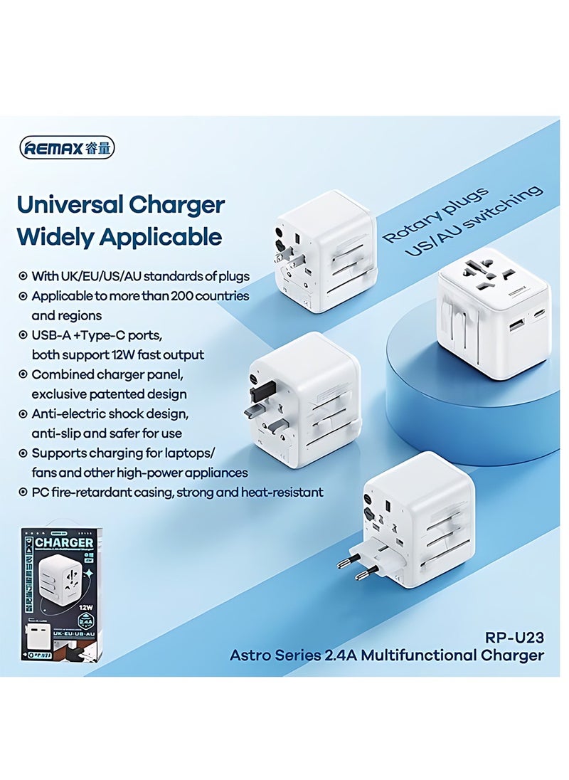 REMAX Universal Travel Adapter with USB-A & Type-C Ports, 12W Fast Charging, Multi-Plug Design for 200+ Countries, Anti-Shock & Heat-Resistant  - Image 4
