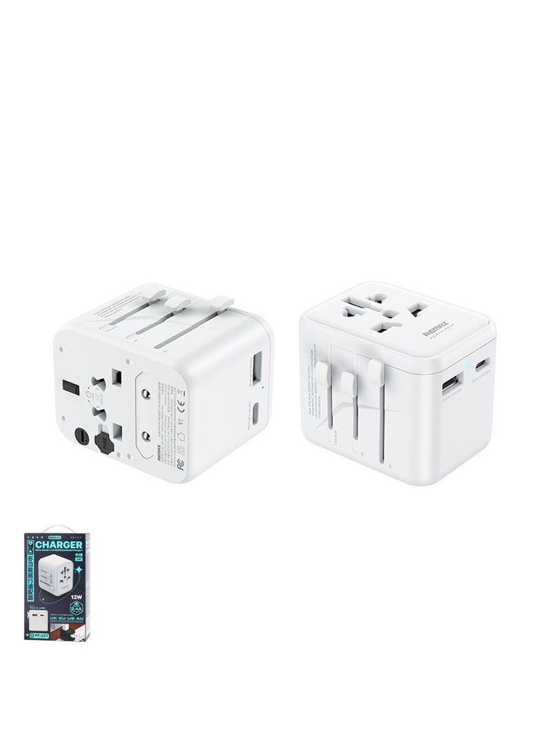 REMAX Universal Travel Adapter with USB-A & Type-C Ports, 12W Fast Charging, Multi-Plug Design for 200+ Countries, Anti-Shock & Heat-Resistant  - Image 3