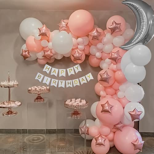 SpecialYou.in Peach And White Birthday Decoration Items DIY Kit Includes Star And Moon Foil Balloons With Happy Birthday Paper And Arch Tape For Balloon Garland- 74 Pcs - Image 1