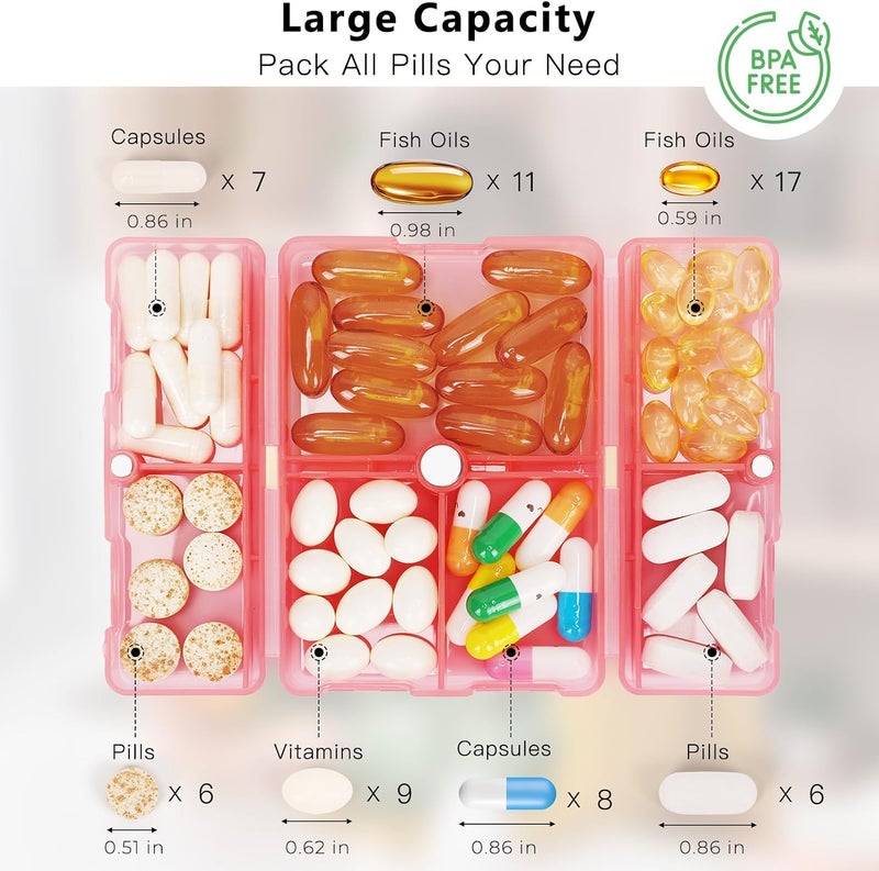 FYY Daily Pill Organizer, 7 Compartments Portable Pill Case Travel Pill Organizer,[Folding Design]Pill Box for Purse Pocket to Hold Vitamins,Cod Liver Oil,Supplements and Medication-Clear Red - Image 4
