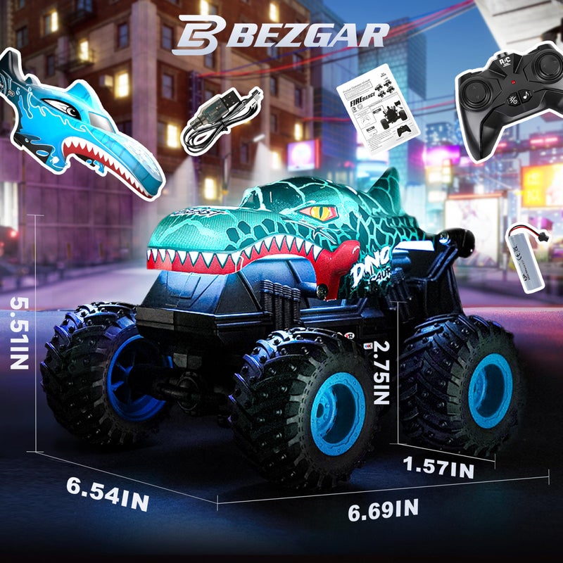 BEZGAR Monster Truck Toys - Remote Control Monster Trucks with Light & Music, Dinosaur Toys for Kids, 1:20 Scale RC Truck with 360Â° Spins and Drifting, Remote Control Car for Boys with Two Car Shells - Image 3