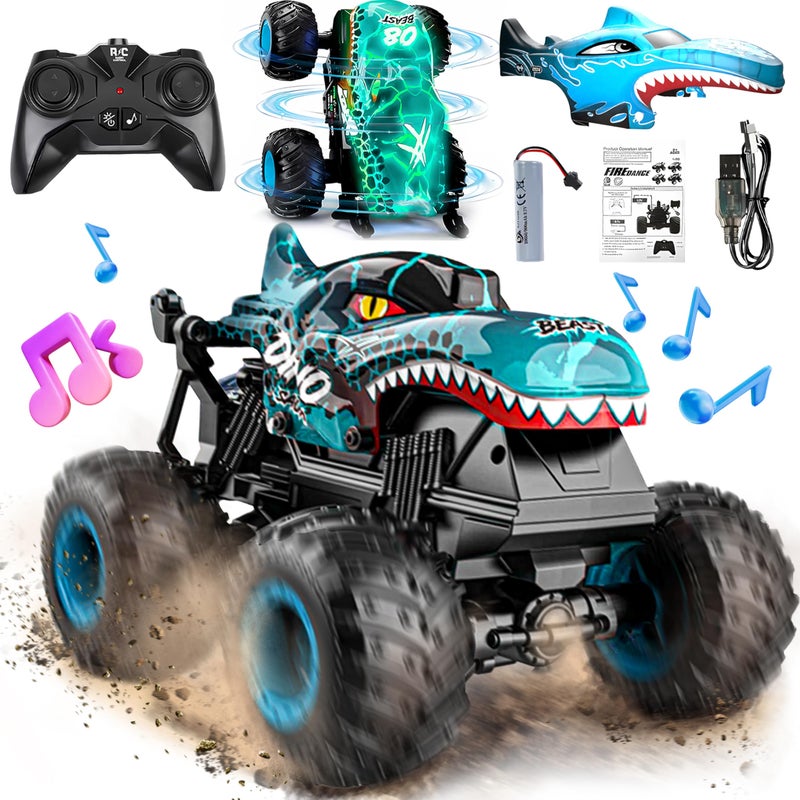 BEZGAR Monster Truck Toys - Remote Control Monster Trucks with Light & Music, Dinosaur Toys for Kids, 1:20 Scale RC Truck with 360Â° Spins and Drifting, Remote Control Car for Boys with Two Car Shells - Image 1