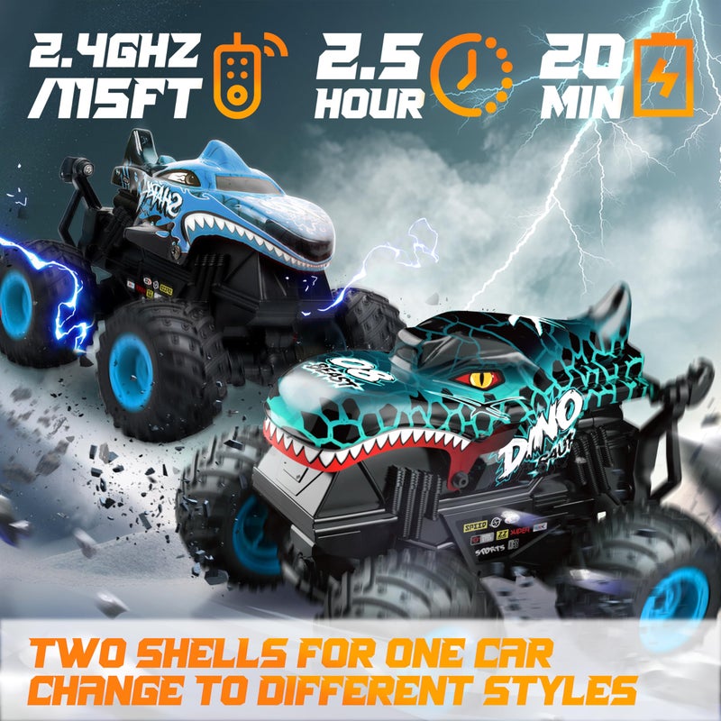 BEZGAR Monster Truck Toys - Remote Control Monster Trucks with Light & Music, Dinosaur Toys for Kids, 1:20 Scale RC Truck with 360Â° Spins and Drifting, Remote Control Car for Boys with Two Car Shells - Image 2