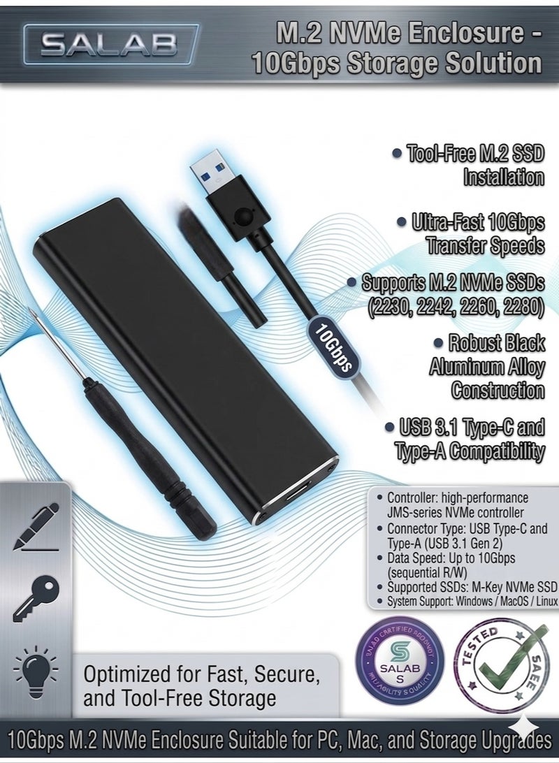 Salab M.2 NVME Enclosure, Tool-Free 10Gbps M2 SSD Enclosure USB 3.1 NVMe to USB Adapter for Solid State Metal M.2 SSD Hard High Speed Data Transfer Aluminum Alloy M.2 NVMe with USB C to A Cable - Image 1