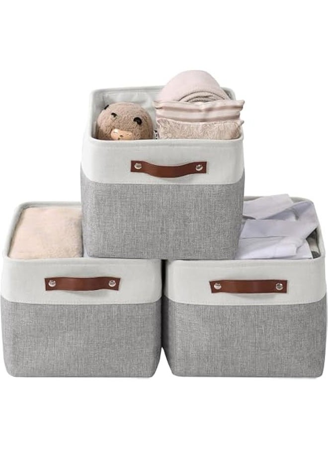 TRASSLE Storage Bins, 3 Pack Fabric Storage Baskets for Shelves for Organizing Closet Shelf Nursery Toy, Decorative Large Linen Closet Organizer Bins with Handles, Grey and Beige  - Image 1