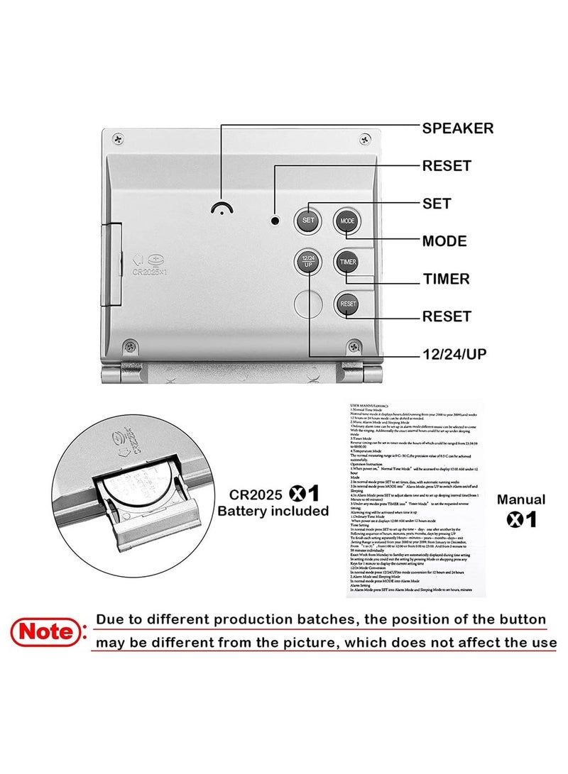 إكسفور ساعة منبه رقمية للسفر ، قطعتان من التقويم القابل للطي ودرجة الحرارة وساعة الموقت LCD مع وضع الغفوة ، شاشة عرض كبيرة ، ساعة مكتبية صغيرة متعددة الوظائف (أسود ، فضي) - Image 3