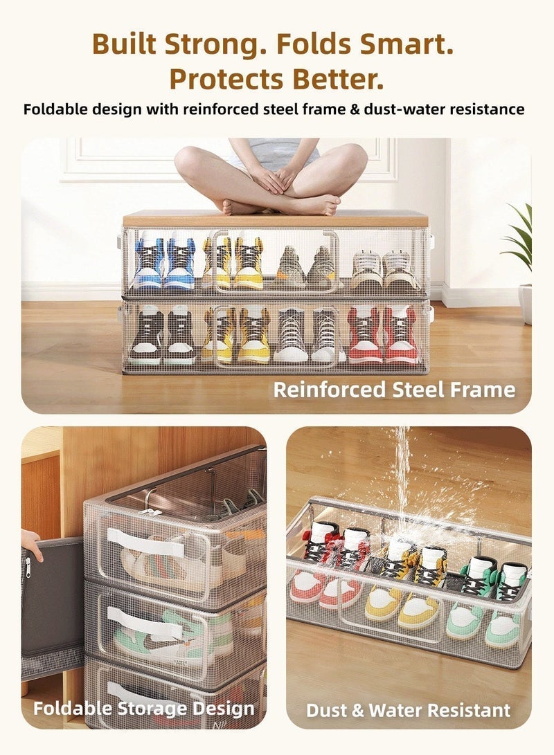 2 قطعة رف أحذية خزانة أحذية بإطار فولاذي مقوى، صندوق تخزين أحذية قابل للطي والتكديس منظم ملابس، صناديق تخزين متعددة الأغراض للأحذية والملابس والألعاب والفراش وتنظيم ما تحت السرير - Image 5