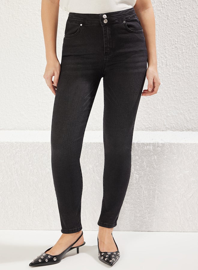 trendyol Black Button Detail High Waist Skinny Jeans - Image 3