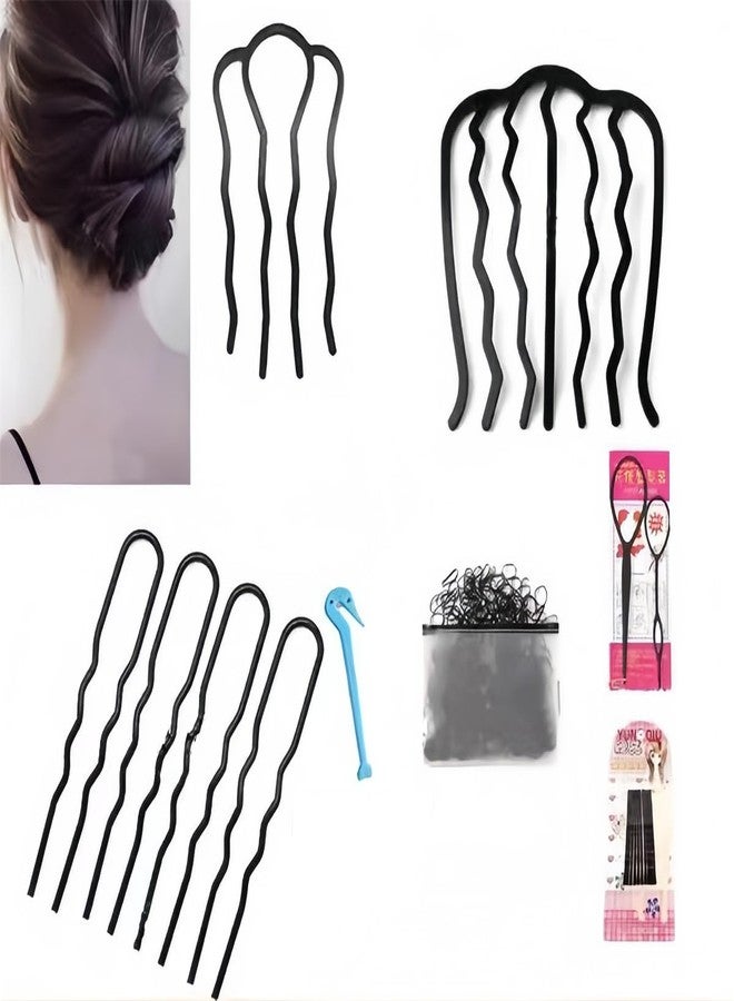 Metal Hair Combs Set for Updo Styling, 7 Piece French Twist Pins, Black U-Shaped Hair Forks, Hair Accessories for Women - Image 1