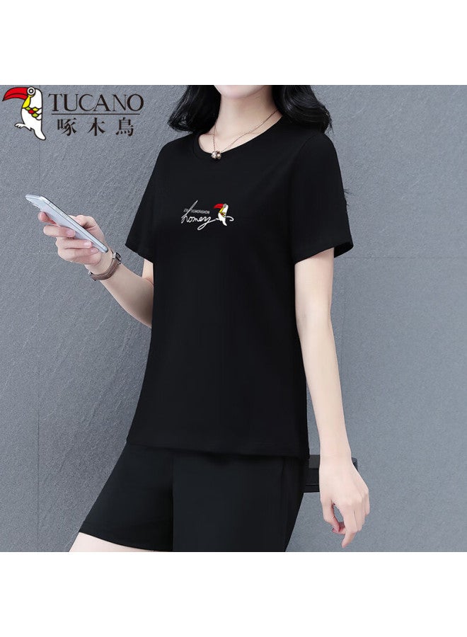 Wood Women's Summer Short Sleeve T-shirt, Pure Cotton, Middle-aged Slimming Casual Half Sleeve Top, Black, XL