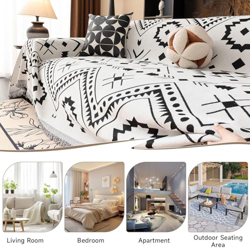 VC Life VClife Bohemian Couch Cover Aztec Geometric Chenille Sofa Cover for Sectional Couch - Black and White Zigzag Pattern Sofa Slipcover for 2 Cushion Couch Sofa 71" X 118" - Image 5