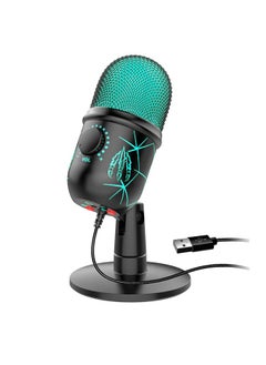 ميكروفون ألعاب محسّن: ميكروفون كمبيوتر USB للكمبيوتر الشخصي وPS4 وPS5 وMac وميكروفون بودكاست مكثف للتسجيل ويوتيوب والبث مع مقبس سماعة الرأس وإضاءة LED وكتم الصوت والكسب وإلغاء الضوضاء