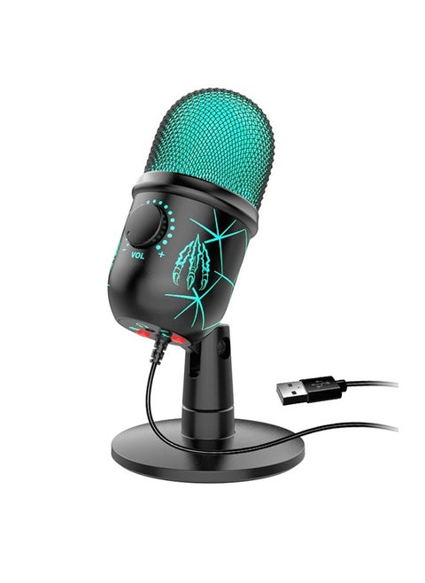 ميكروفون ألعاب محسّن: ميكروفون كمبيوتر USB للكمبيوتر الشخصي وPS4 وPS5 وMac وميكروفون بودكاست مكثف للتسجيل ويوتيوب والبث مع مقبس سماعة الرأس وإضاءة LED وكتم الصوت والكسب وإلغاء الضوضاء