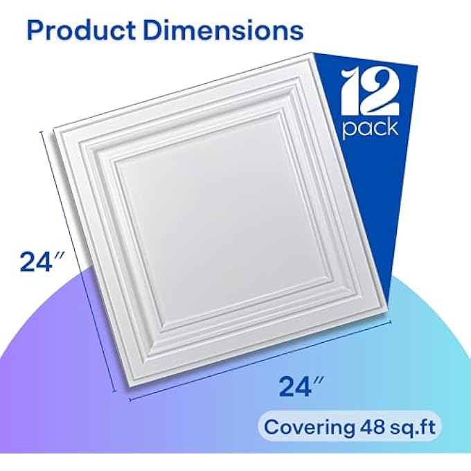 12-PACK PVC DROP CEILING TILES (48 SQ.FT), 24"X24" DECORATIVE PANELS FOR HOME AND OFFICE, 2FT X 2FT, BRIGHT WHITE FINISH - Image 2
