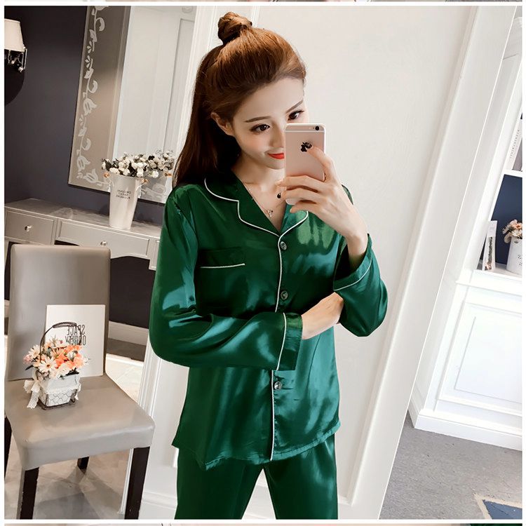 New Women'S Simulated Silk Long-Sleeved Cardigan Pajamas Plus Size Bestie Home Clothes Two-Piece Suit - Image 1