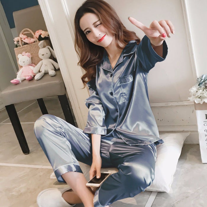 New Women'S Simulated Silk Long-Sleeved Cardigan Pajamas Plus Size Bestie Home Clothes Two-Piece Suit - Image 3