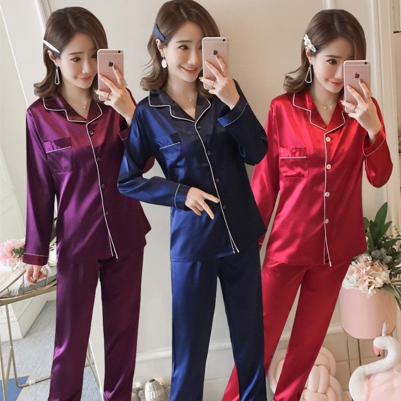 New Women'S Simulated Silk Long-Sleeved Cardigan Pajamas Plus Size Bestie Home Clothes Two-Piece Suit - Image 2