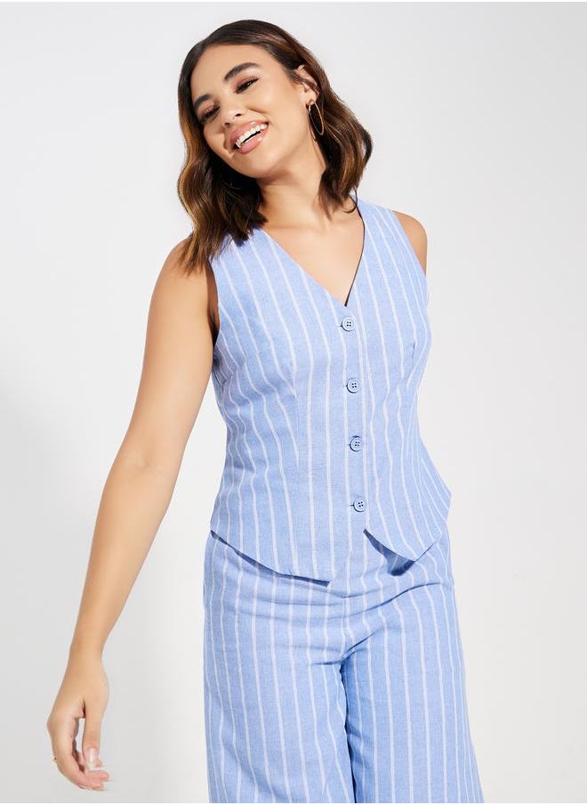 Styli Woven Striped Sleeveless Waistcoat  - Image 1