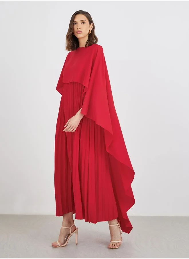 تايك تو Take Two Solid Cape Sleeve Pleated Detail Maxi Dress
