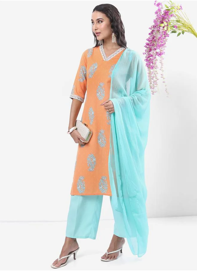 فيشود Peach Printed Kurta Set with Palazzos and Dupatta by Styli