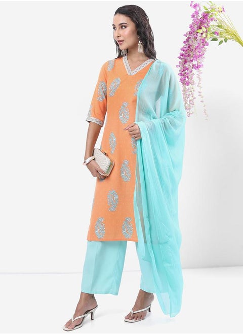 Peach Printed Kurta Set with Palazzos and Dupatta by Styli