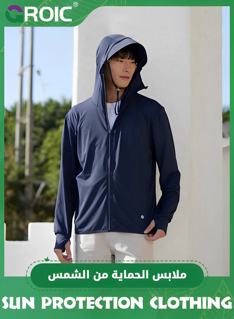 GROIC UPF 50+ UV Sun Protection Clothing with Removable Hat Brim for Men&women, Sun Protection Ice Silk Clothing Long Sleeve Hoodie Sun Shirt, Summer Elastic Quick Dry Sun Shirts Full Zipper Fishing Jacket - Image 1