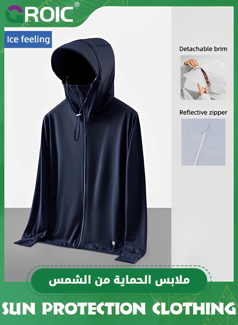 GROIC UPF 50+ UV Sun Protection Clothing with Removable Hat Brim for Men&women, Sun Protection Ice Silk Clothing Long Sleeve Hoodie Sun Shirt, Summer Elastic Quick Dry Sun Shirts Full Zipper Fishing Jacket - Image 2