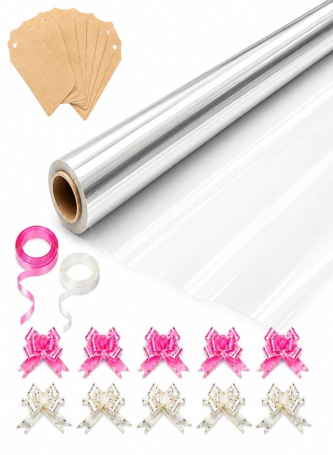 HURUC Cellophane Wrap Roll 34" x 100ft Wide Clear, Cello Wrap for Gift Baskets Flowers Chocolates with 10 Pull Bows 2 Ribbons 10 Gift Tags, Florist Basket Wrap for Large Gifts Birthday Wedding - Image 1