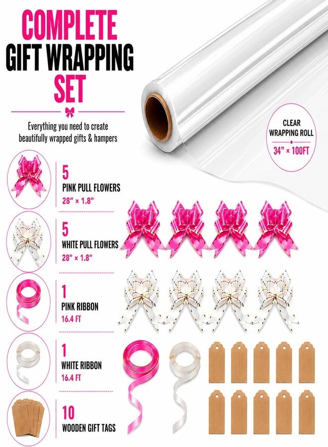 HURUC Cellophane Wrap Roll 34" x 100ft Wide Clear, Cello Wrap for Gift Baskets Flowers Chocolates with 10 Pull Bows 2 Ribbons 10 Gift Tags, Florist Basket Wrap for Large Gifts Birthday Wedding - Image 2