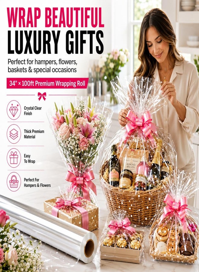 HURUC Cellophane Wrap Roll 34" x 100ft Wide Clear, Cello Wrap for Gift Baskets Flowers Chocolates with 10 Pull Bows 2 Ribbons 10 Gift Tags, Florist Basket Wrap for Large Gifts Birthday Wedding - Image 4