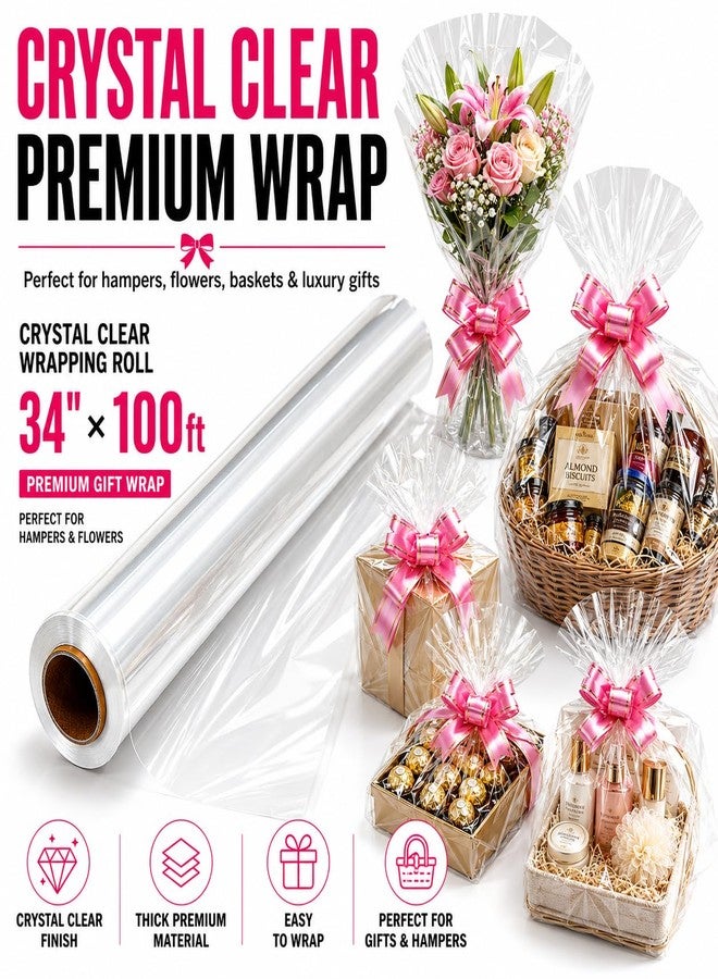 HURUC Cellophane Wrap Roll 34" x 100ft Wide Clear, Cello Wrap for Gift Baskets Flowers Chocolates with 10 Pull Bows 2 Ribbons 10 Gift Tags, Florist Basket Wrap for Large Gifts Birthday Wedding - Image 3