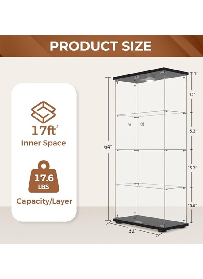 SS COHMJJY 4-Shelf Glass Display Cabinet with Double Doors, Curio Display Case with Display Lights & Lock, Tempered Glass Collectibles Display Cabinet for Bedroom, Living Room 64”x 32”x 14” Black  - Image 2