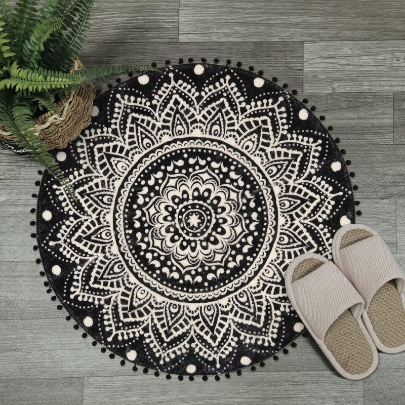 Uphome Small Round Rug 23 Black Mandala Boho Bathroom Rugs with Pom Poms Fringe Washable Circle Shower Mat Soft NonSlip Cute Circular Throw Rug for Sink Powder Room Bedroom Kids Room Nursery