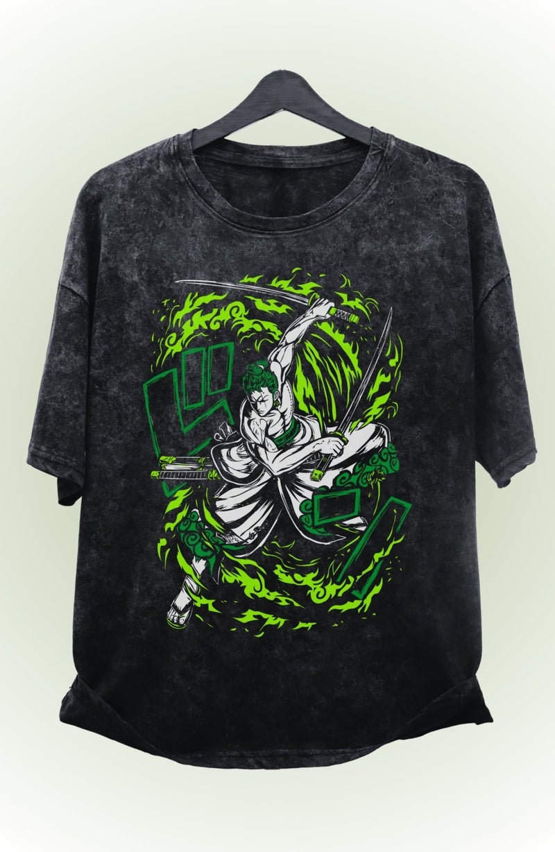 Fuddy Moda Oversize Zoro One Piece V4 Printed Washed T-Shirt, Unisex Anime Printed Retro T-Shirt  - Image 1